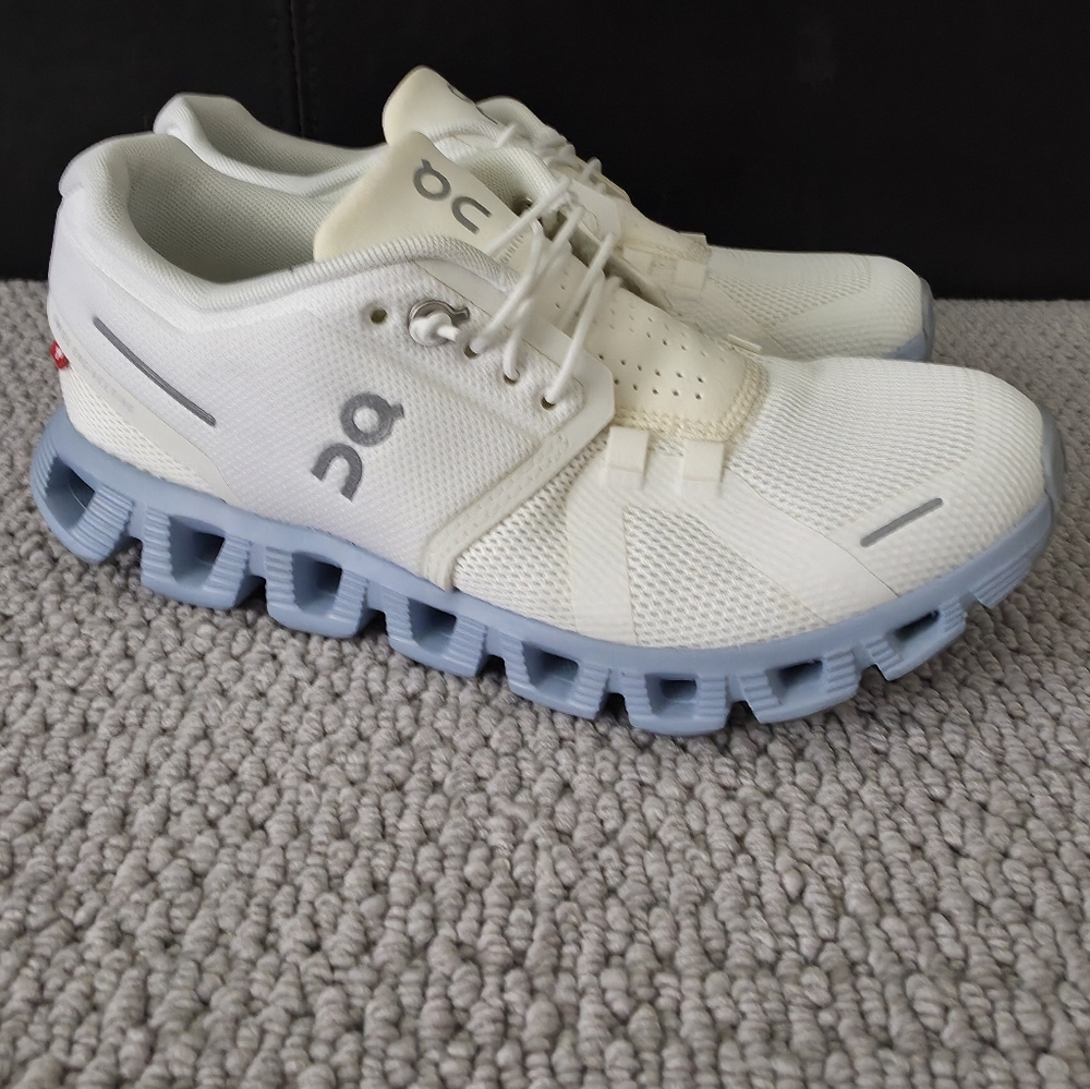 On Running Cream, White and Light Blue Athletic Shoes
